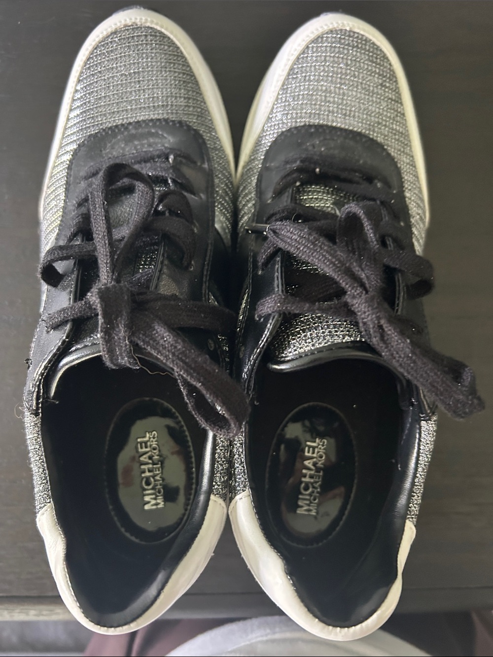 Michael Kors Womens Black & Silver Knit Lace-Up Sneakers with White Trim - Picture 6 of 7